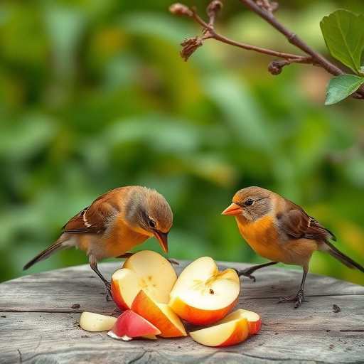 Garden birds feeding on chopped apple