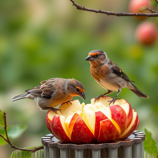 Garden birds feeding on chopped apple