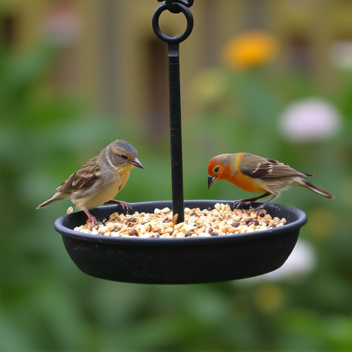 Garden birds feeding on seed tray