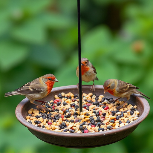 Garden birds feeding on seed tray