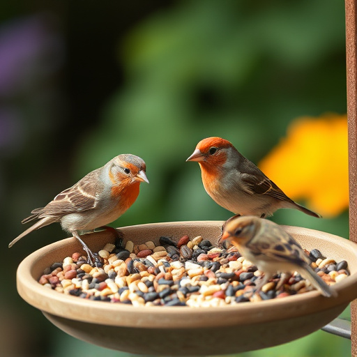 Garden birds feeding on seed tray