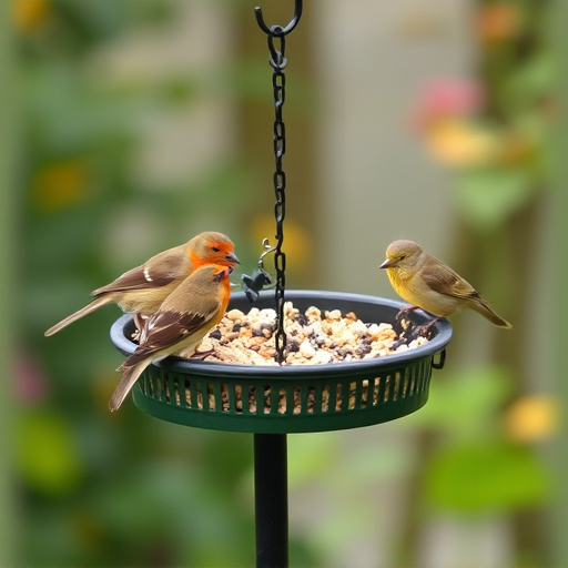 Garden birds feeding on seed tray