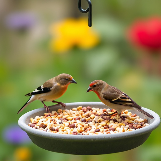 Garden birds feeding on seed tray