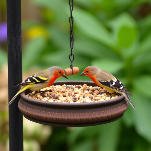 Garden birds feeding on seed tray