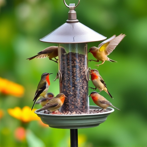 Garden birds feeding on standing feeder