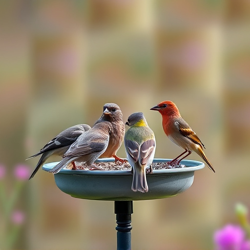 Garden birds feeding on standing feeder