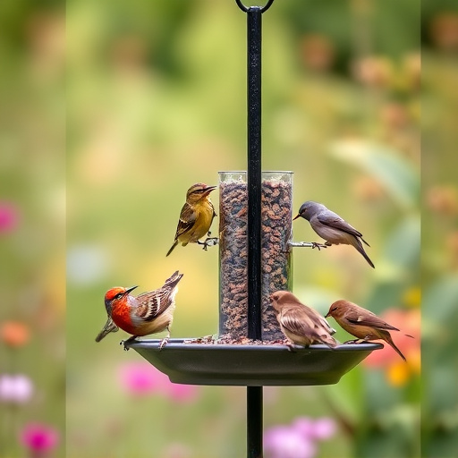 Garden birds feeding on standing feeder