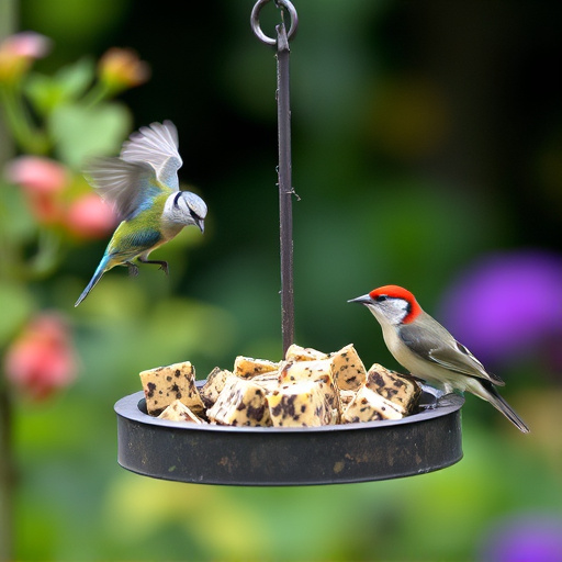Garden birds feeding on suet cubes