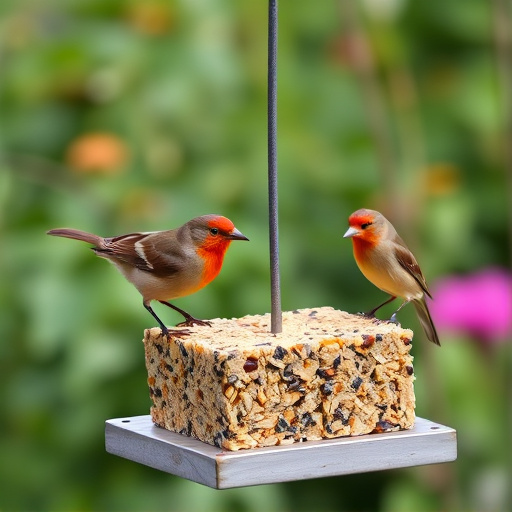 Garden birds feeding on suet cubes