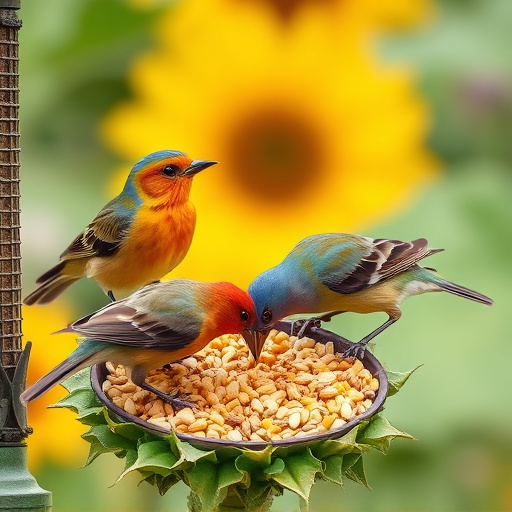 Garden birds feeding on sunflower seeds