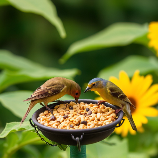 Garden birds feeding on sunflower seeds