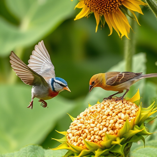 Garden birds feeding on sunflower seeds