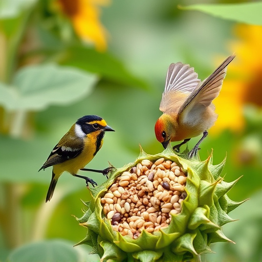 Garden birds feeding on sunflower seeds