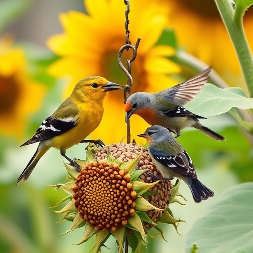 Garden birds feeding on sunflower seeds