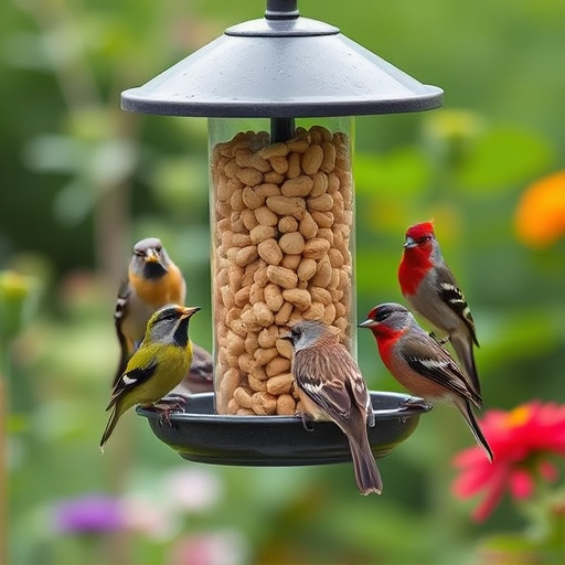 Garden birds gathered around peanut feeder