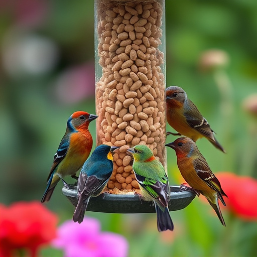 Garden birds gathered around peanut feeder