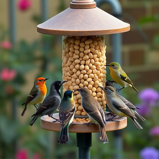 Garden birds gathered around peanut feeder