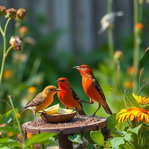 Garden birds near freshly delivered food