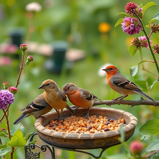Garden birds near freshly delivered food