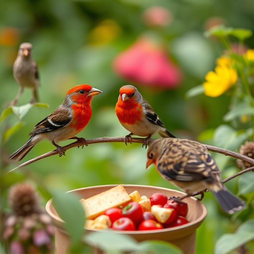 Garden birds near freshly delivered food