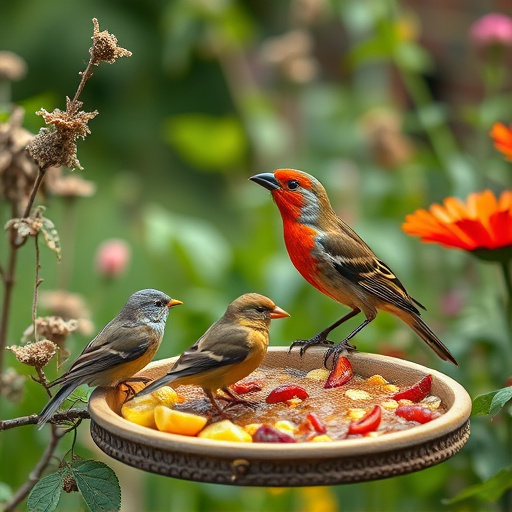 Garden birds near freshly delivered food