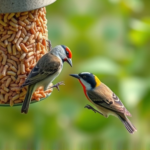 Garden birds pecking at mealworm mix
