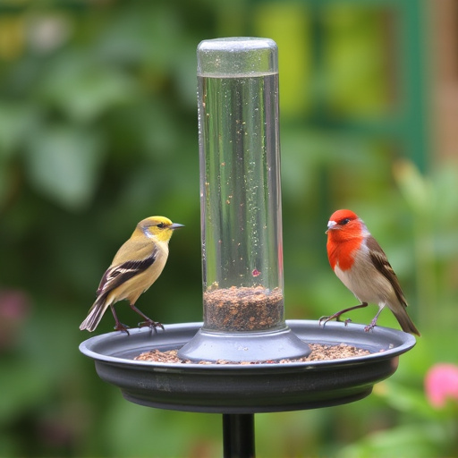 Garden birds perching on feeder tray