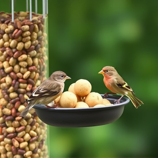 Garden birds sharing fat balls in feeder