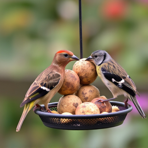 Garden birds sharing fat balls in feeder