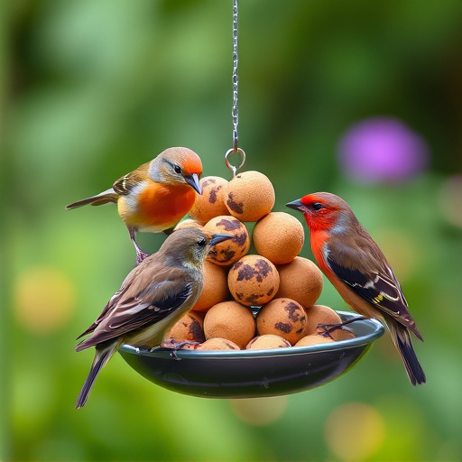Garden birds sharing fat balls in feeder