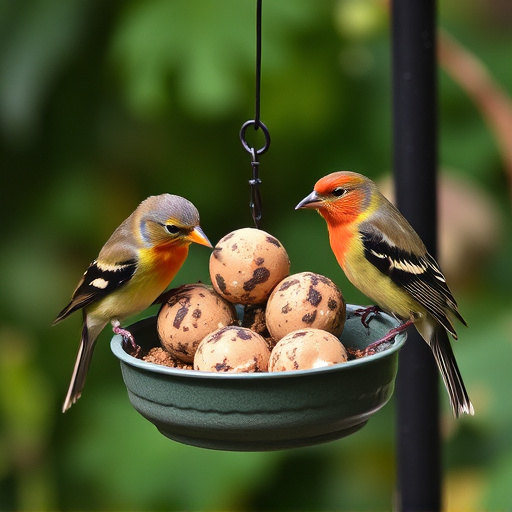 Garden birds sharing fat balls in feeder