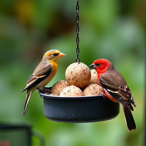 Garden birds sharing fat balls in feeder
