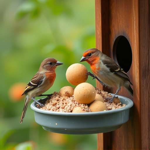 Garden birds sharing fat balls in feeder