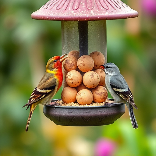 Garden birds sharing fat balls in feeder