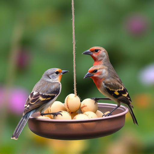 Garden birds sharing fat balls in feeder