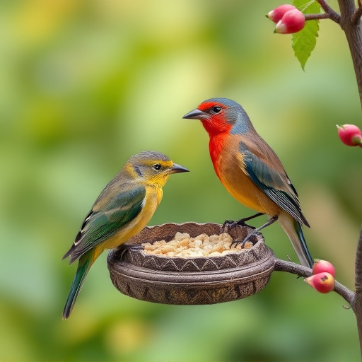 Garden birds sharing suet block holder