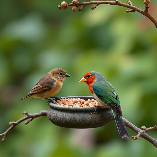 Garden birds sharing suet block holder