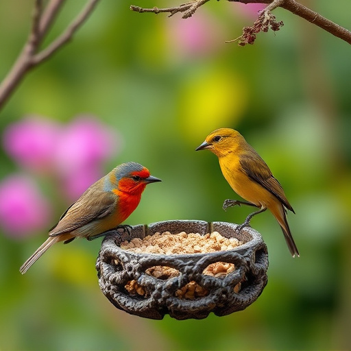 Garden birds sharing suet block holder
