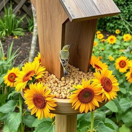 Garden feeding station filled with sunflower hearts