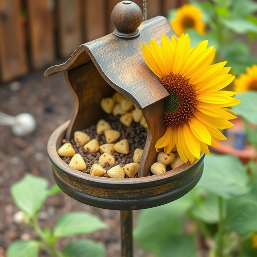 Garden feeding station filled with sunflower hearts