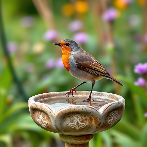 Garden robin perching on shallow bird bath