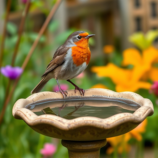 Garden robin perching on shallow bird bath