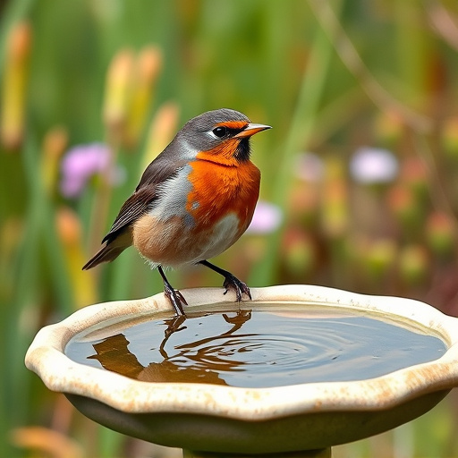 Garden robin perching on shallow bird bath