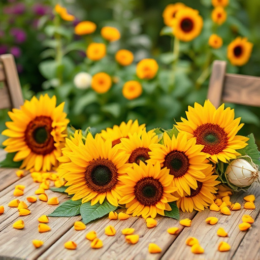 Garden table scattered with sunflower hearts