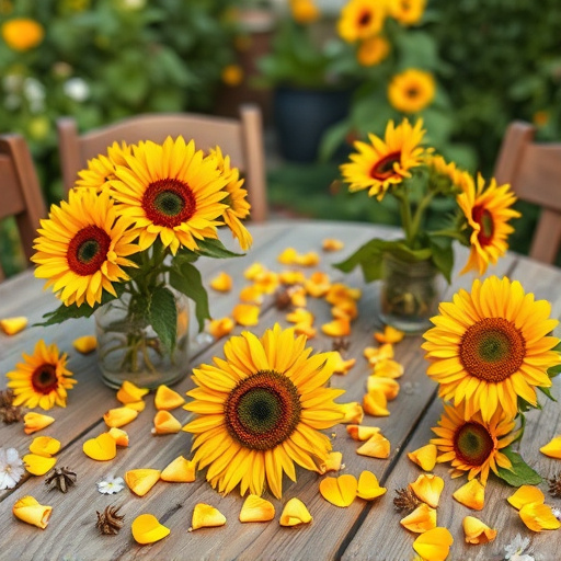 Garden table scattered with sunflower hearts