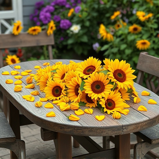 Garden table scattered with sunflower hearts