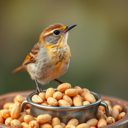 Goldcrest near dish of crushed peanuts