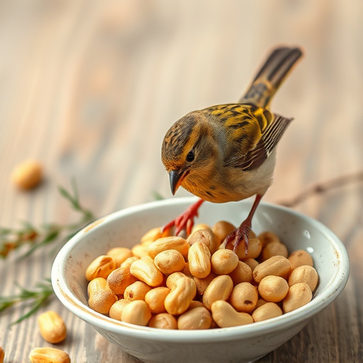Goldcrest near dish of crushed peanuts