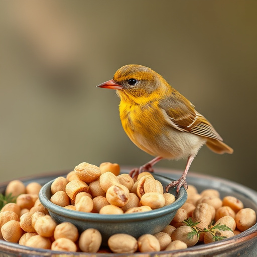 Goldcrest near dish of crushed peanuts