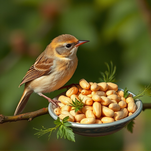 Goldcrest near dish of crushed peanuts